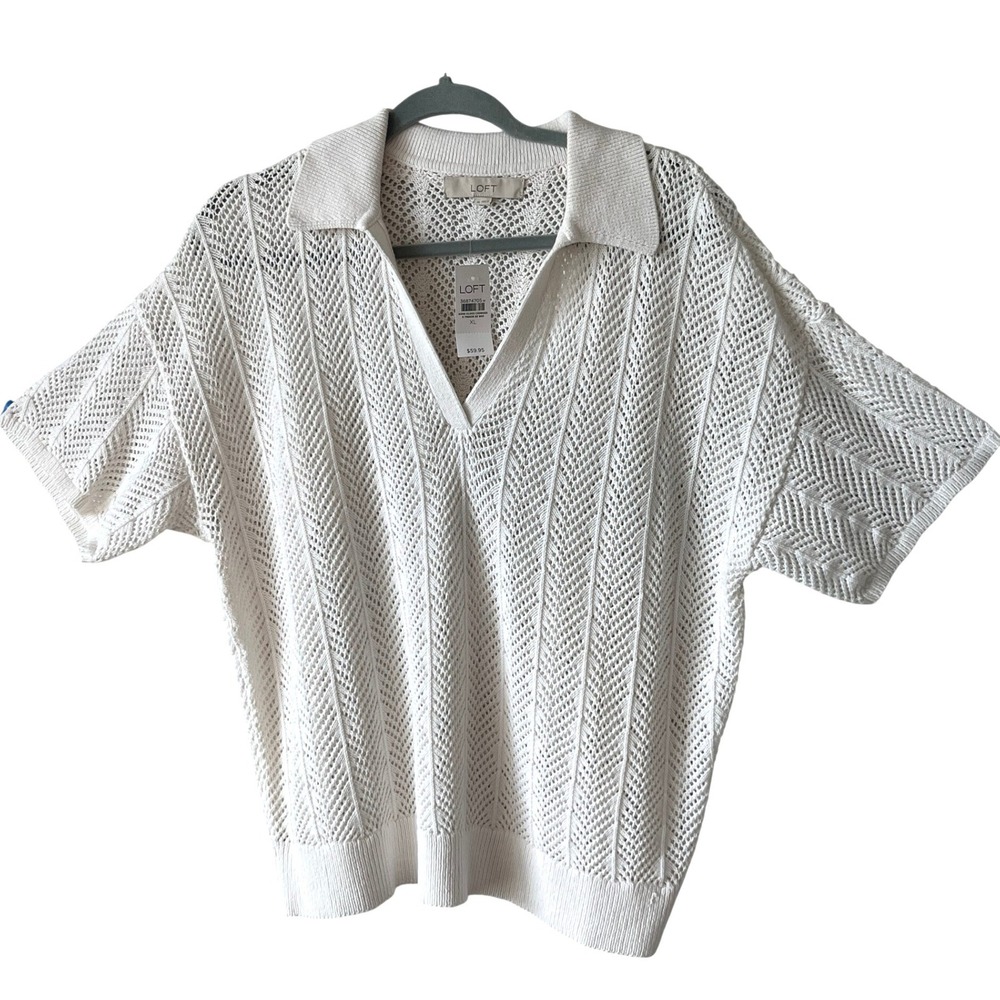 LOFT Womens XL White Pointelle Knit Polo Sweater Short Sleeve V-Neck 36874705